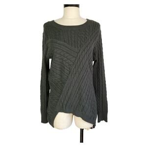 Evolution By Cyrus Sweater Women Medium Olive Cable Knit Asymmetric Hem Pullover